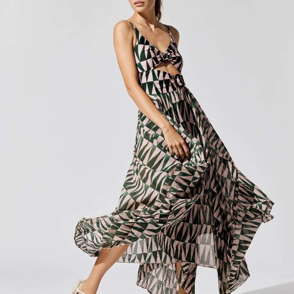 NWT auth. PatBo geo dk green ivory-pink maxi dress XS - fits S-XS